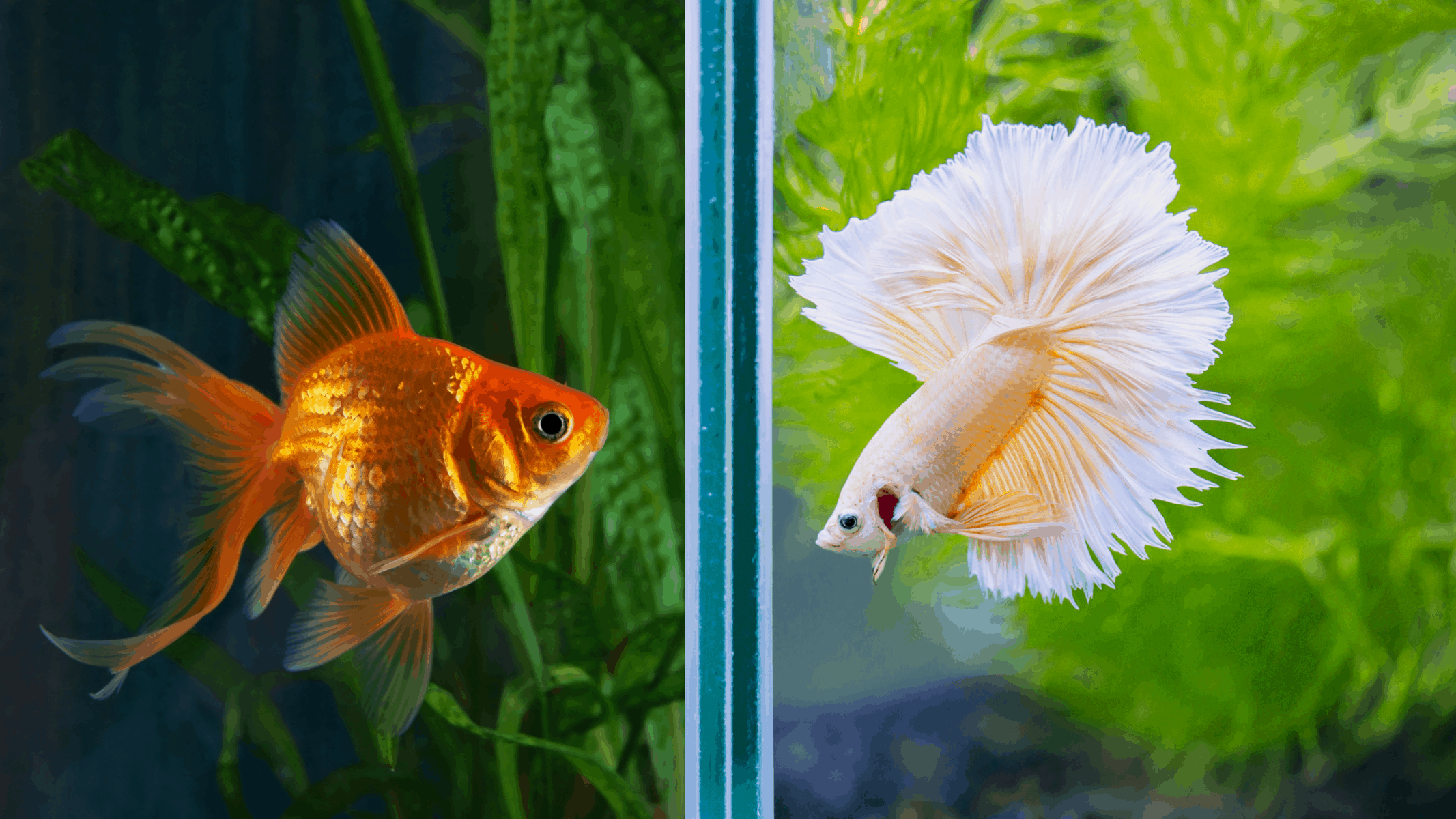 goldfish and betta fish in separate aquarium